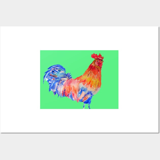 Rooster Chicken Watercolor Painting on Green Wall Art by SarahRajkotwala